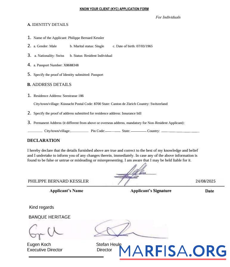 Blank Switzerland Banque Heritage Know Your Client (KYC) Application Form download for verification